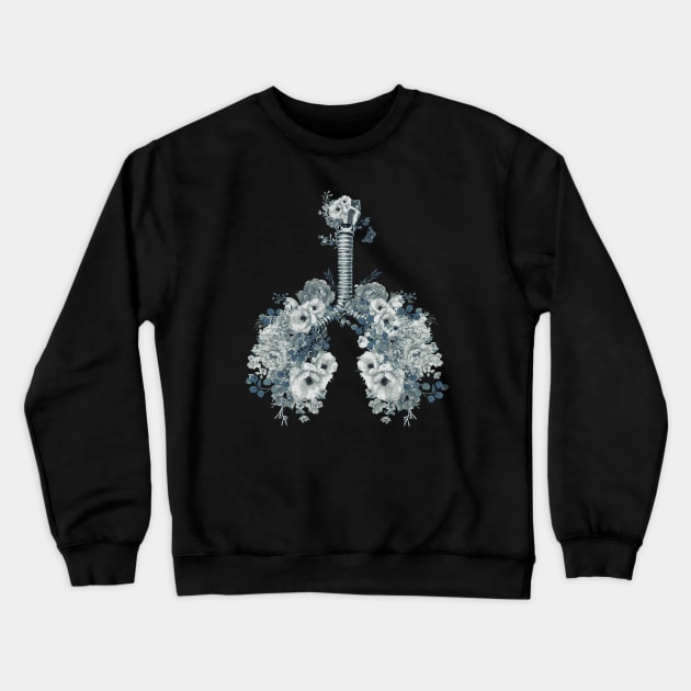 Roses and flowers growing on the lungs, important to breathe, blue, navy, lungs cancer, respiratory therapist Crewneck Sweatshirt by Collagedream